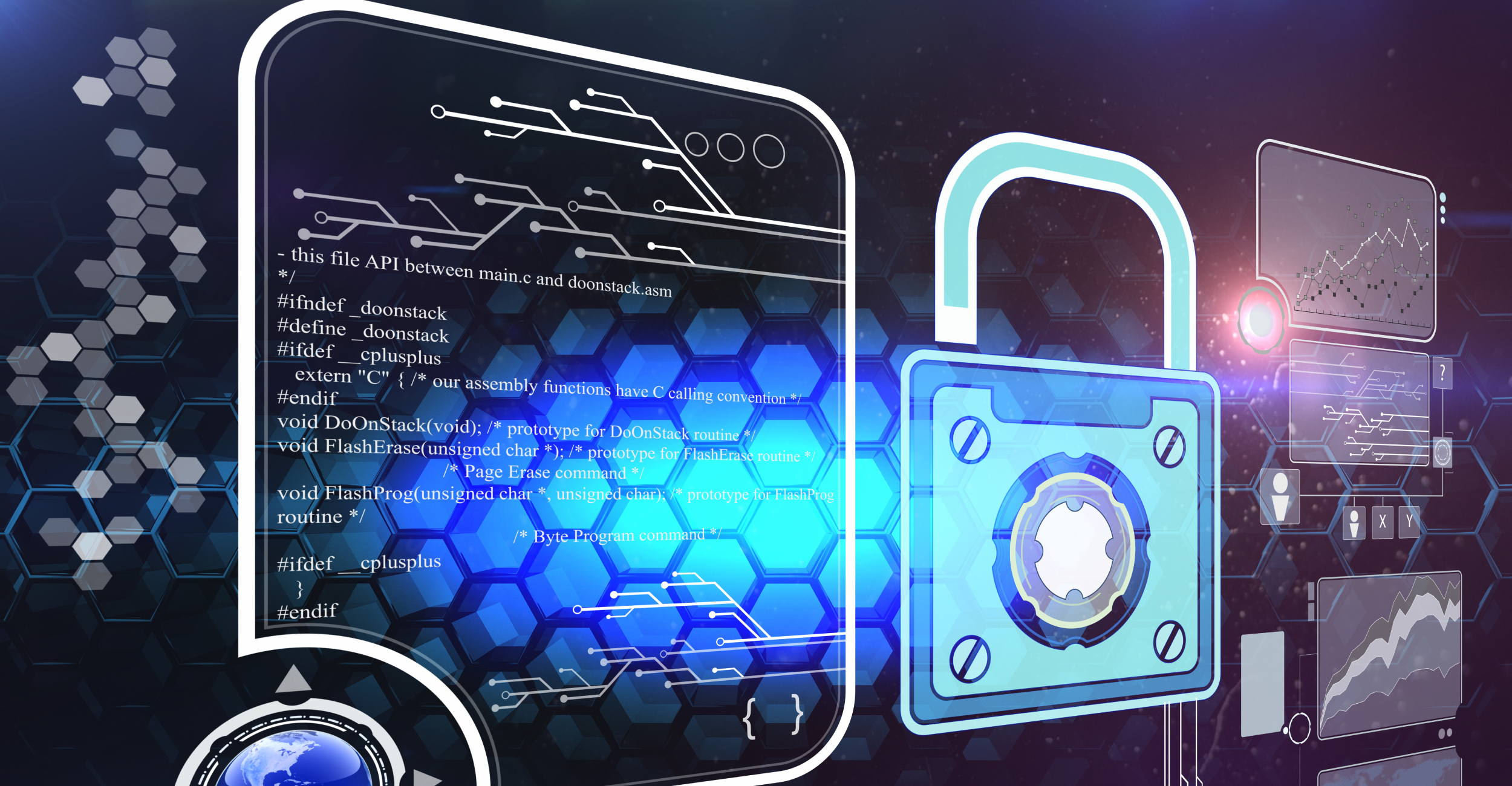 Bildet viser et stort digitalt låsikon, omgitt av programmeringskode og grafikk som symboliserer datasikkerhet.