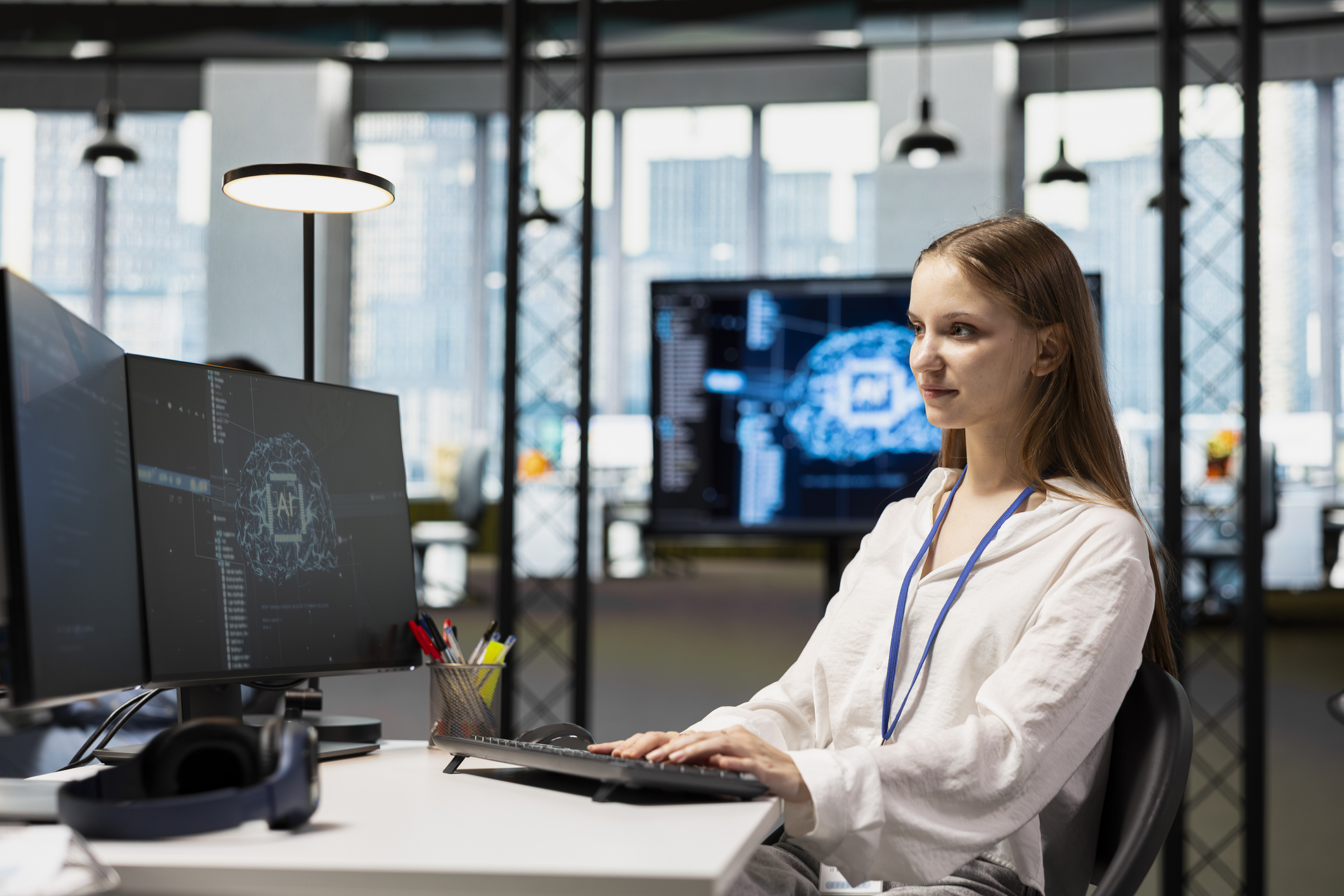 Kvinne som justerer innstillinger for kunstig intelligens på jobb