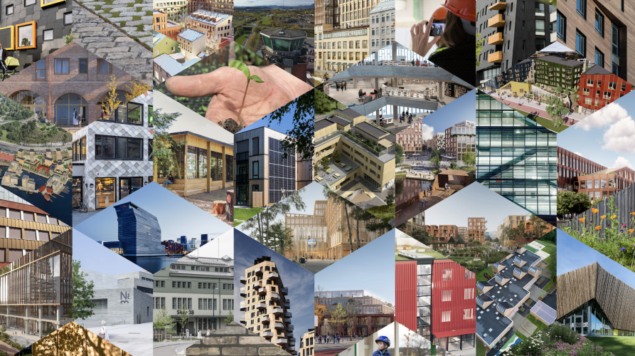 Bildecollage av ulike moderne bygninger i bymiljø