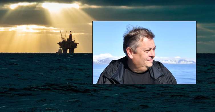 Oljeplattform i horisonten med Trond Markussen innfelt. Illustrasjonsfoto GettyImages.