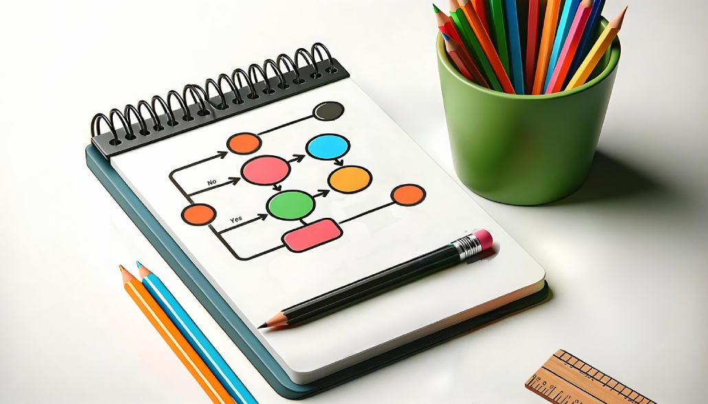 Illustration of notebook with colorful flow chart, pencil, and colored pencils in a cup. The diagram shows circles and arrows connecting them.