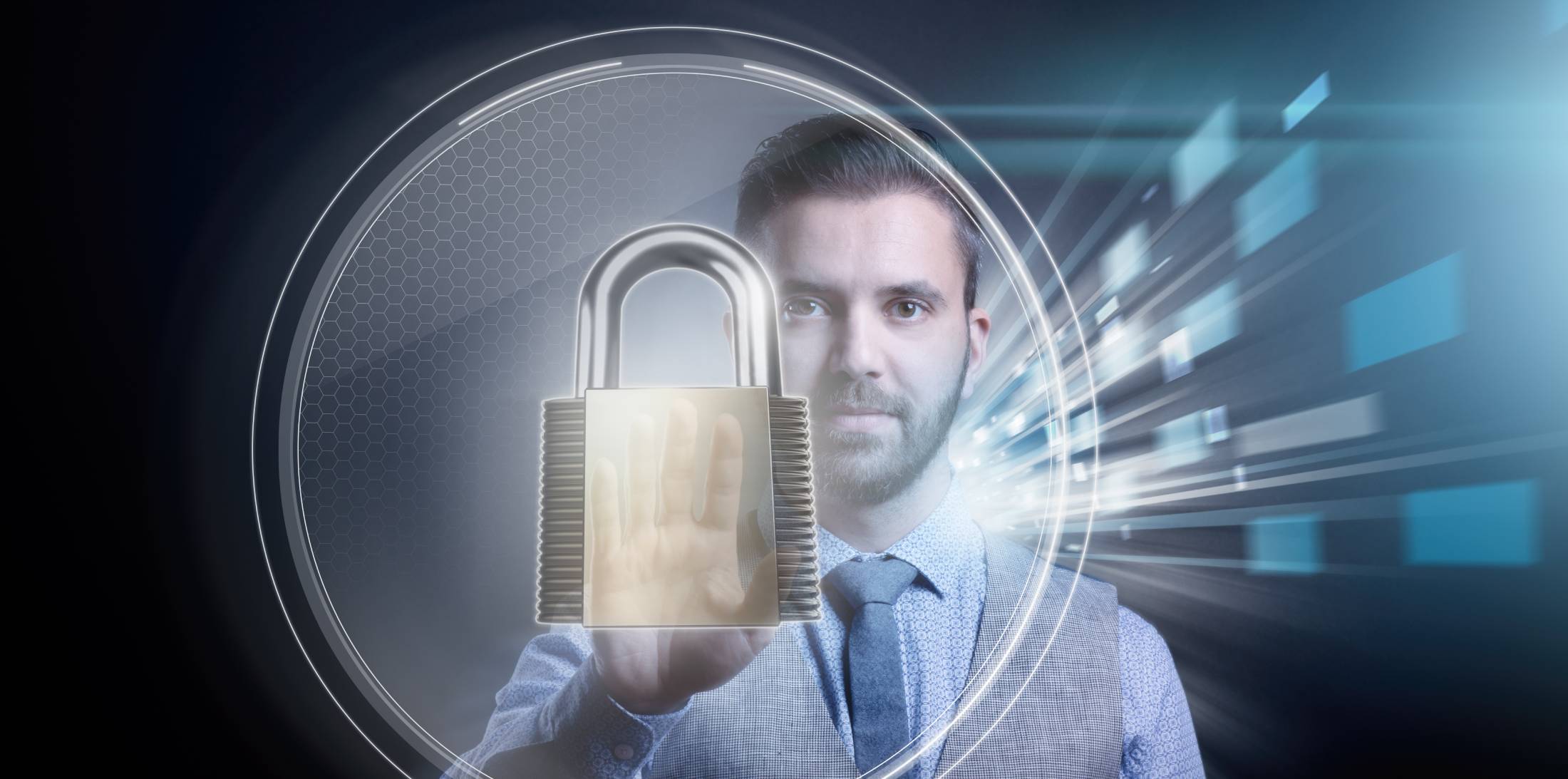 Illustration image: A man in a suit presses his hand against a digital padlock surrounded by lights and data security symbols.