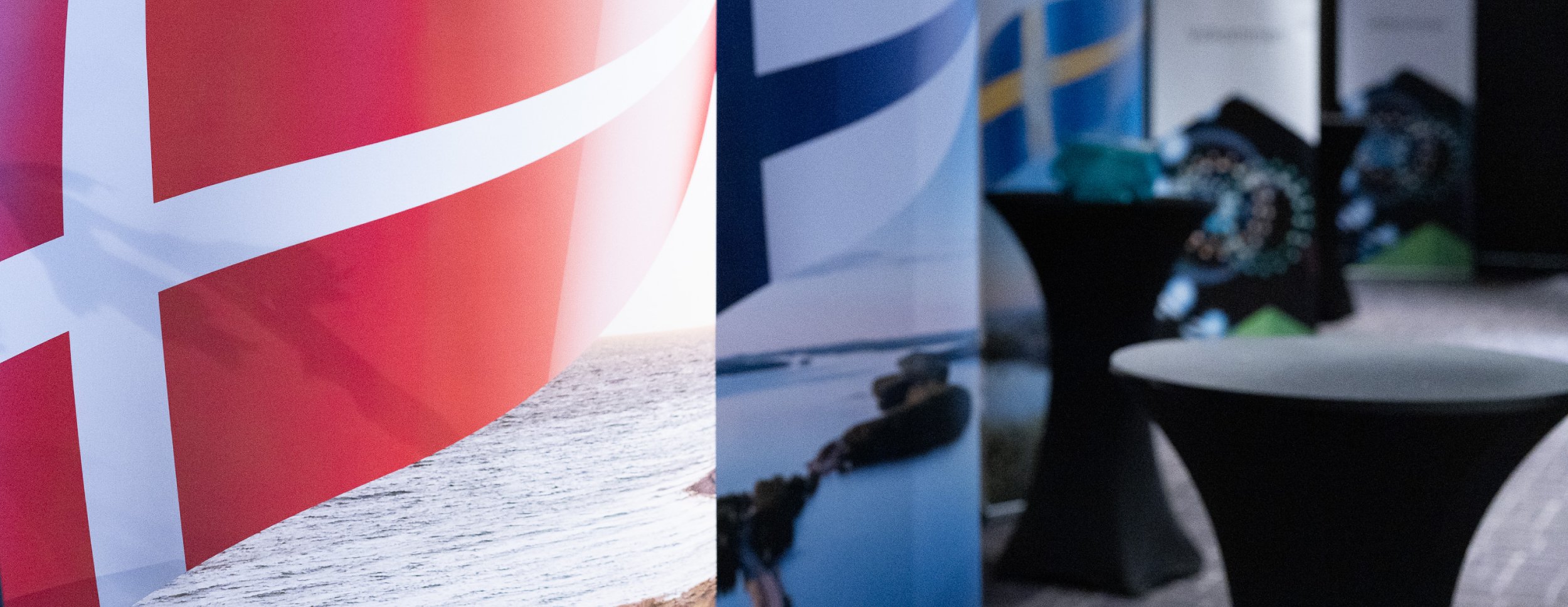 Stående bannere med nordiske flagg markerer faglig samarbeid mellom bioingeniører fra ulike nordiske land på konferanse.