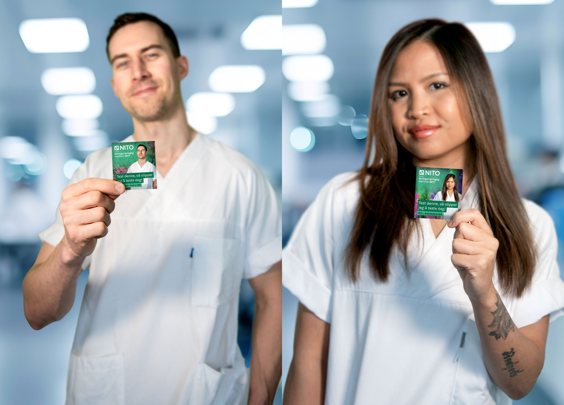 En mannlig og kvinnelig bioingeniør son viser fram hver sin kondompakke