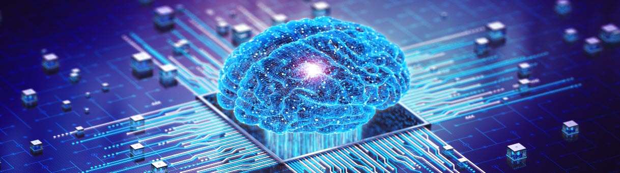Kunstig intelligens - en kunstig hjerne omgitt av datalinjer