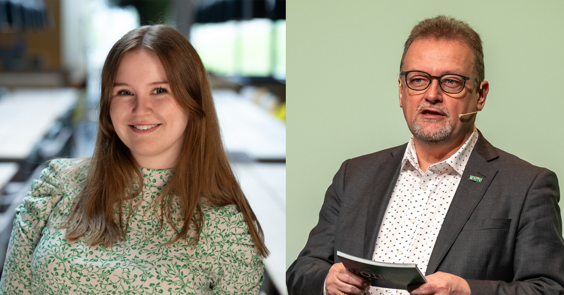 Bildet viser to personer. Den første har langt, brunt hår og en grønn, mønstret topp. Den andre er i dress med en hvit, mønstret skjorte.