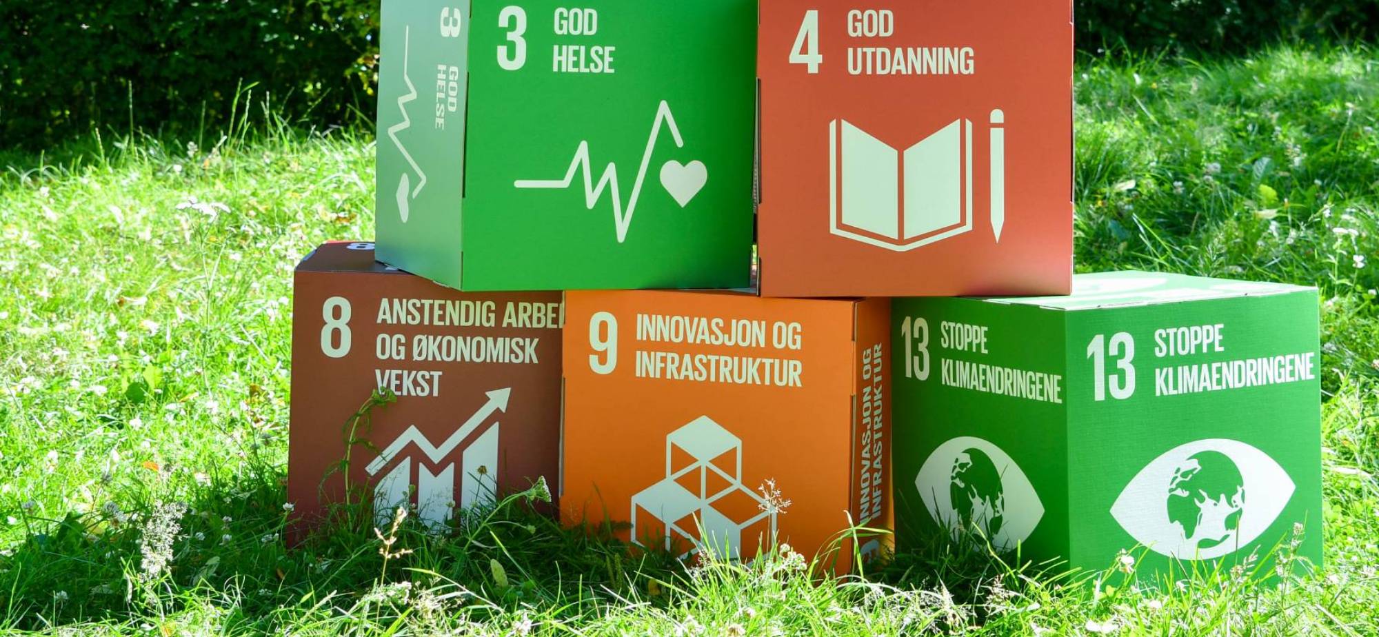 Fargerike klosser med FN’s bærekraftsmål: helse, utdanning, arbeid, innovasjon og klima står på en gressplen.
