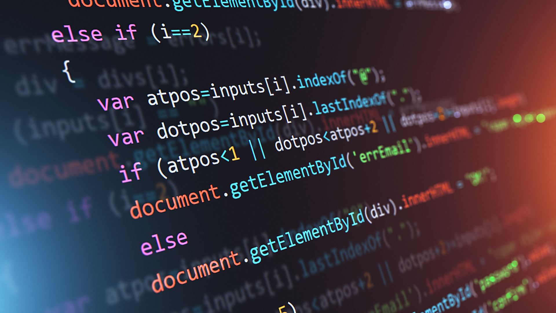 Bildet viser programmeringskode i ulike farger på en mørk bakgrunn, som symboliserer teknologi og databehandling.