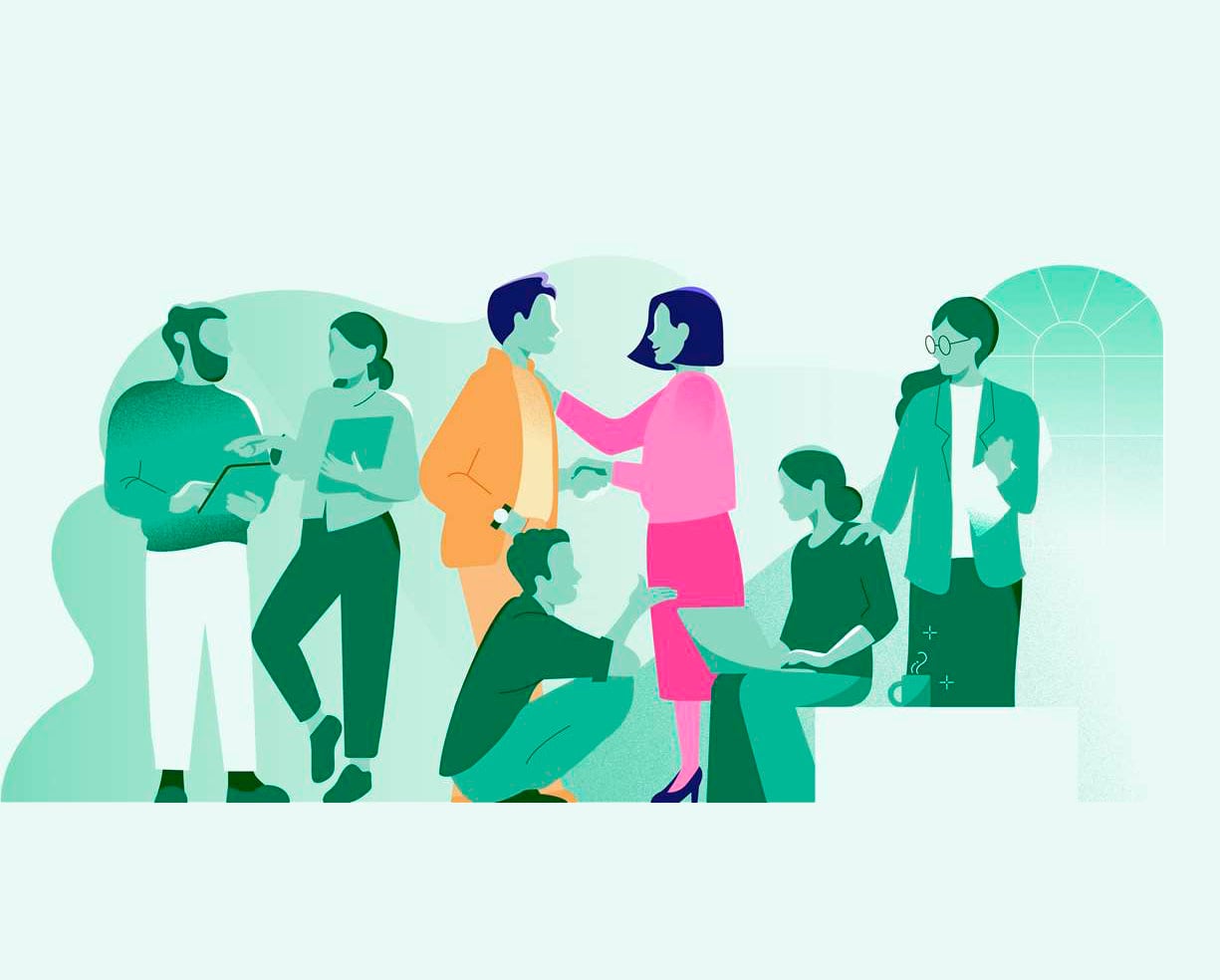 Illustrasjon av en gruppe mennesker i ulike situasjon som formidler nettverksbygging og uformell dialog. Fargene er i grønne, rosa og oransje nyanser.