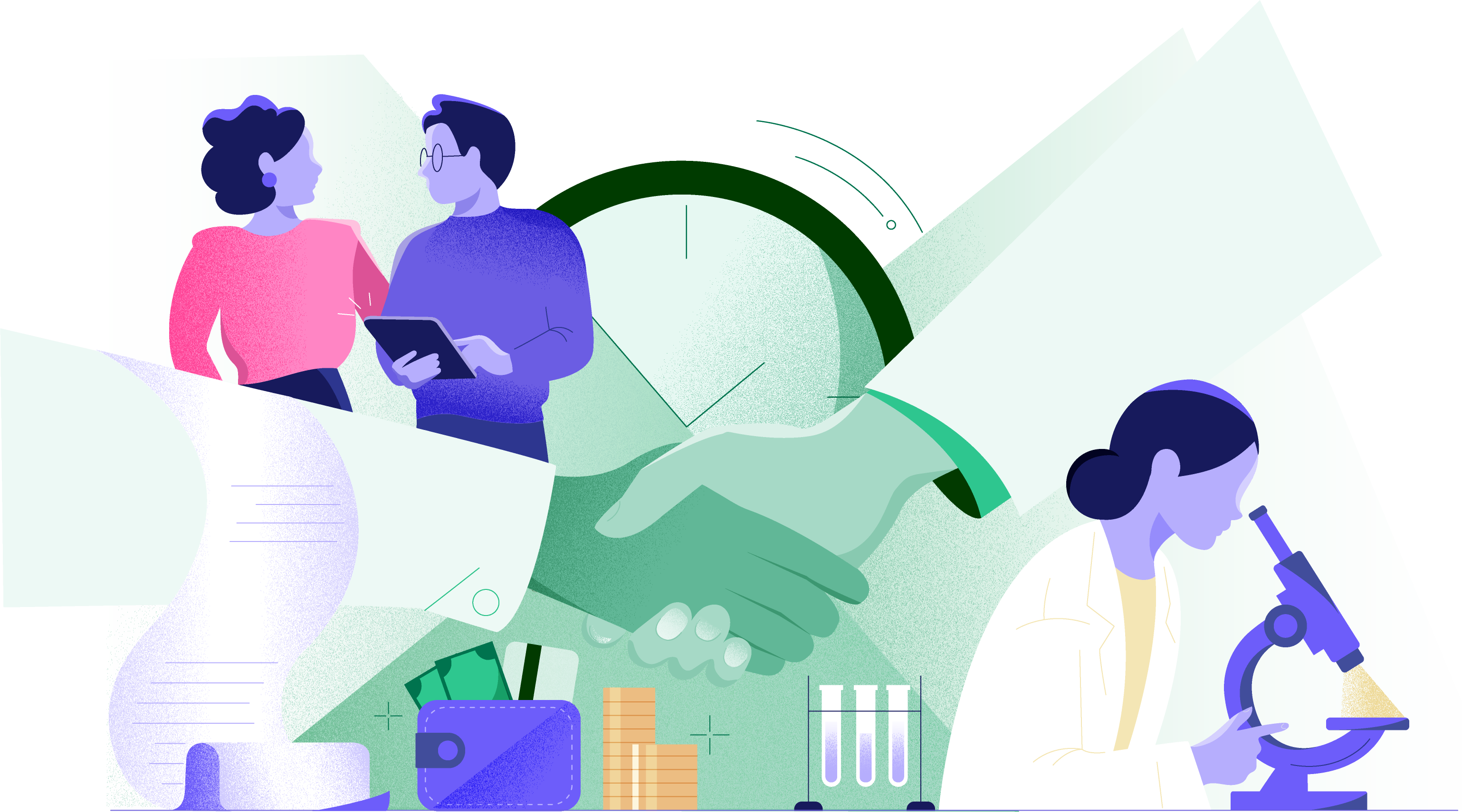 Illustration of four engineers and technologists in different work situations: two people collaborating on a document, one person analysing with a magnifying glass, and one person doing research with a microscope.