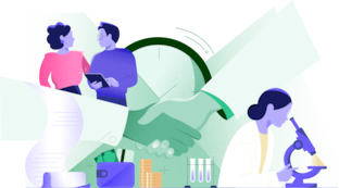 Illustrasjon av fire ingeniører og teknologer i ulike arbeidssituasjoner: to personer som samarbeider om et dokument, en person som analyserer med forstørrelsesglass, og en person som forsker med mikroskop. Illustrasjonen inkluderer visuelle elementer som grafer og søylediagrammer